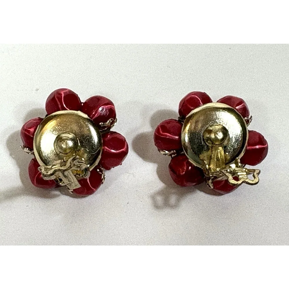 Vintage Red Satin Bead Earrings, Orbit Clip On Round Flowers Retro Japan 1950s